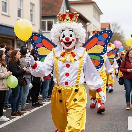Vibrant Clown Parade with Butterfly Wings