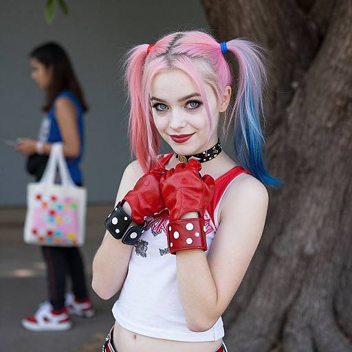 Photograph of a pale-skinned woman with pink and blue pigtails, wearing a white crop top, red gloves, and black collar, standing
