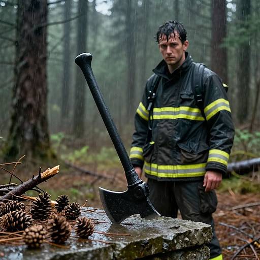 Photograph of a wet-haired man in dark raincoat with yellow stripes standing in a rain-soaked forest, beside a large axe on a moss-covered