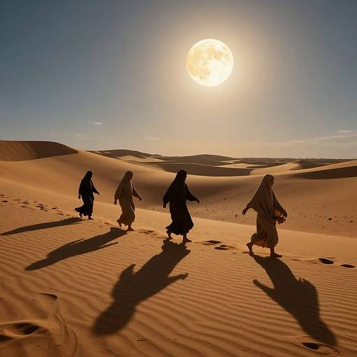Photograph of four silhouetted figures in flowing robes walking in a sunlit desert, casting long shadows on rippled sand dunes under a