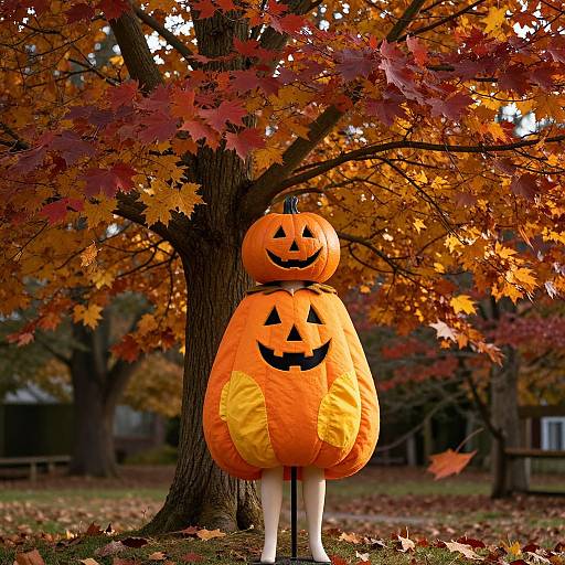Photograph of two carved jack-o'-lanterns with smiling faces, one smaller on top of a larger one, standing in an autumnal park