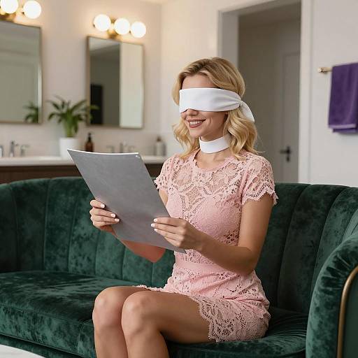 Elegant Woman in Lace on Velvet Couch