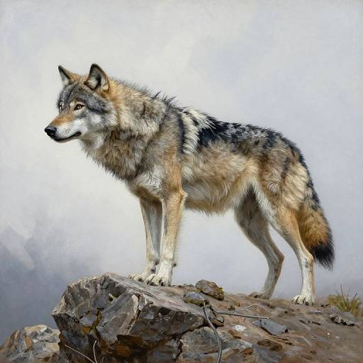 Digital painting of a wolf with a gray, black, and brown coat, standing alert on rocky terrain, white mist in the background.
