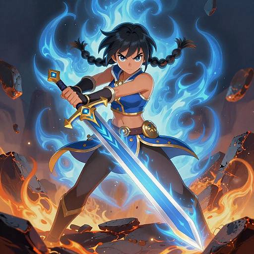 Young Warrior with Magical Sword and Blue Flames