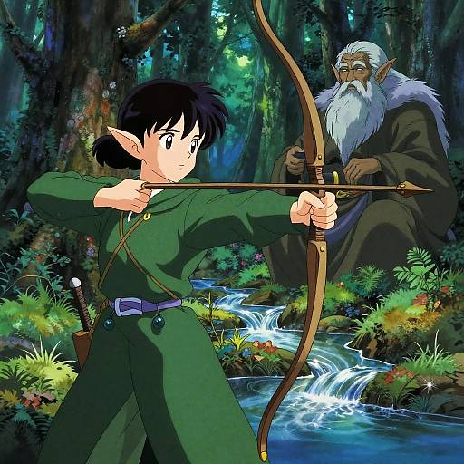 Anime-style illustration: Young elf archer in green tunic, drawing bow, with wise, bearded elf mentor in dark robes behind, forest background