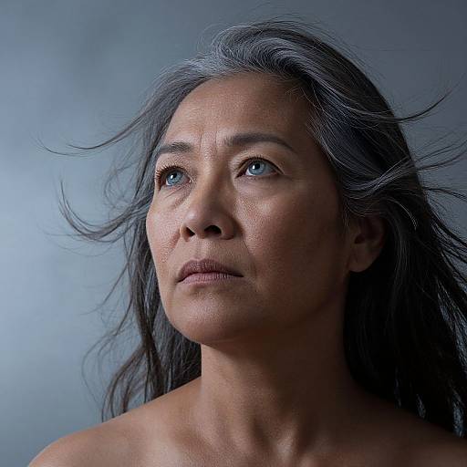 Photograph of a middle-aged woman with long, wind-blown gray hair, blue eyes, and serious expression, against a blue-gray background.