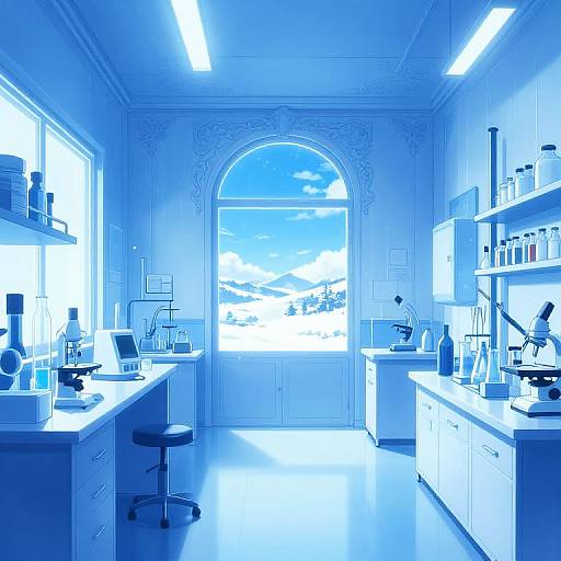 Photograph of a blue-tinted laboratory with bright fluorescent lights, ornate arch window, shelves with bottles and scientific equipment, and a stool at