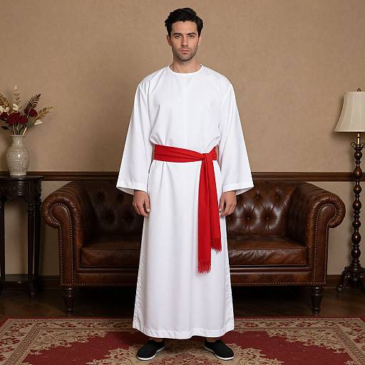 Photograph of a bearded man with dark hair, wearing a white robe with a red sash, standing in a living room with a brown leather