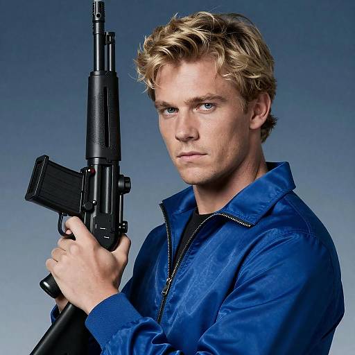 Serious Blond Man in Blue Jacket