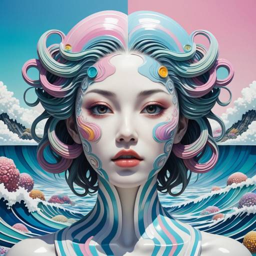 Vaporwave Woman in Ocean Landscape