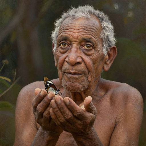 Photograph of an elderly, shirtless man with wrinkled skin and white curly hair, gently holding a black-and-white butterfly close to his face in