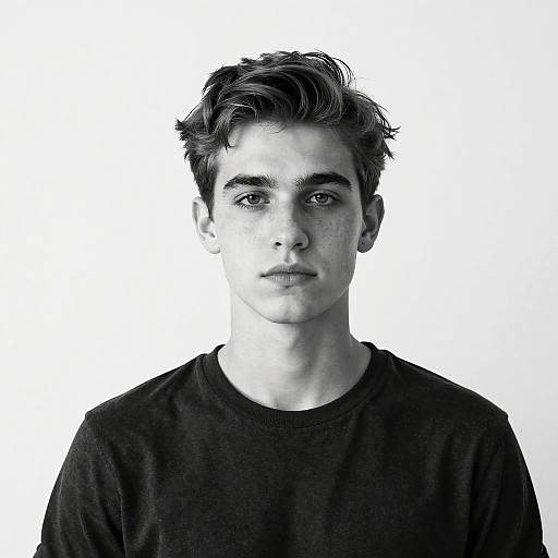 Black-and-white photograph of a young man with tousled dark hair, wearing a simple black shirt, against a plain white background.