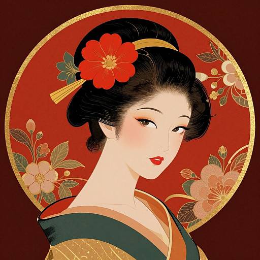 Digital Japanese-style portrait of a fair-skinned woman with black hair, red flower hairpin, red lipstick, gold and black kimono, against a
