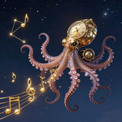 Digital art of a glowing, clock-eyed octopus with musical notes and stars floating in a dark, starry night sky.