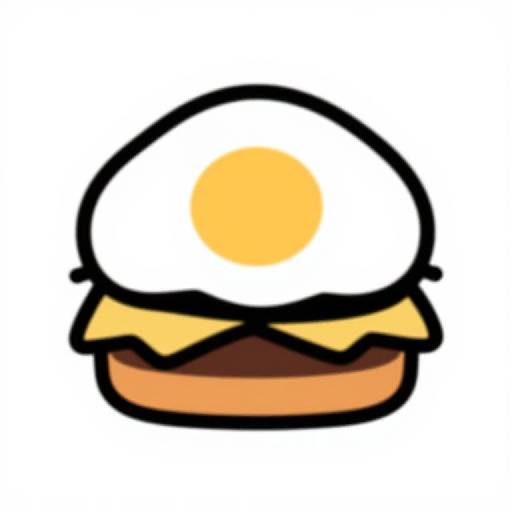 Digital cartoon of a fried egg with a yellow yolk, black mustache, and orange bun, outlined in bold black.