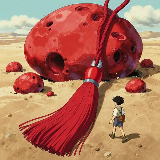 Anime-style digital drawing: Spiky-haired boy with backpack faces giant red moon-like object with pockmarks, surrounded by smaller red rocks. Red rope