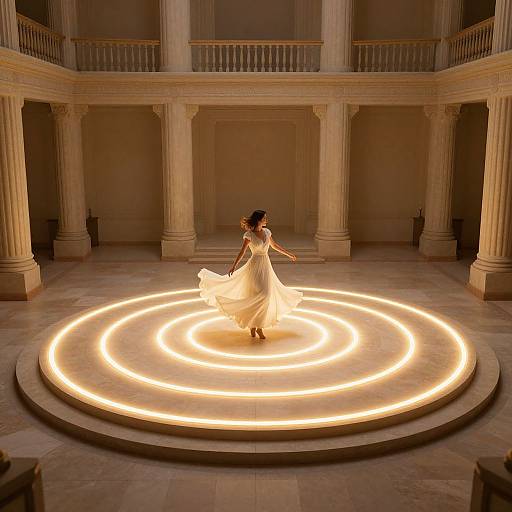 Photograph of a woman in a flowing white dress, dancing on a glowing circular light floor in an elegant, classical-style hall.