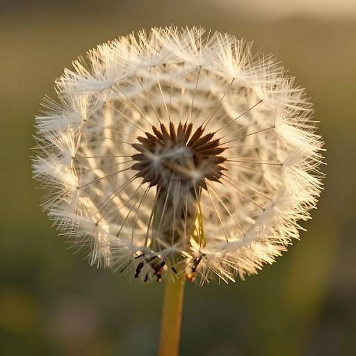 Close-up photograph of a glowing dandelion clock with white seeds against a blurred green and golden background at sunset.