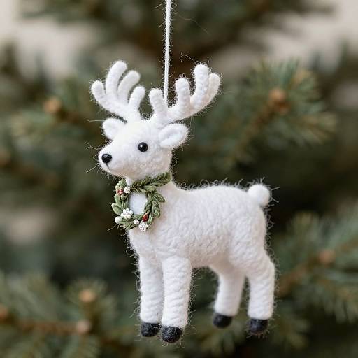 Photograph of a white, fuzzy, handcrafted felt reindeer ornament with black eyes, antlers, and a green floral collar, hanging from a