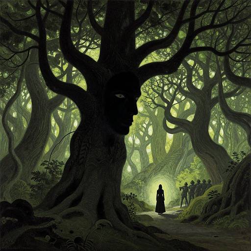 Digital artwork of a mystical forest with a large, silhouetted, tree with a face-like shape. A lone figure in a long cloak stands