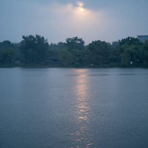 Photograph of a serene lake at dusk, with the sun partially obscured by clouds, casting a reflective shimmer on the water's surface, surrounded by dark
