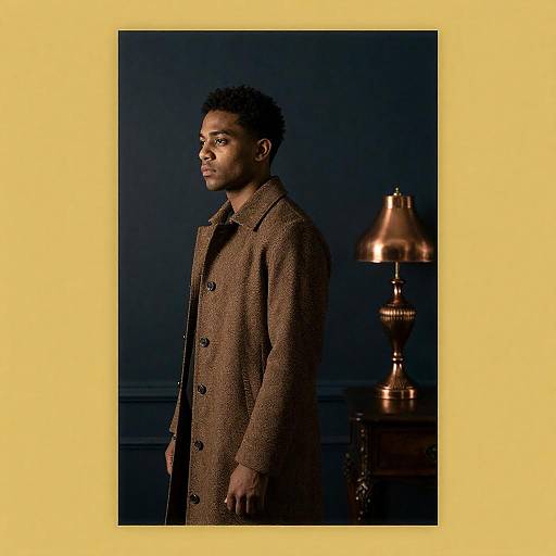 Man in Brown Coat by Ornate Lamp