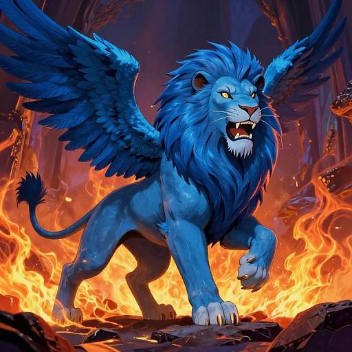 Digital illustration of a fierce blue-winged lion with a majestic mane, standing in a fiery, dark cavern, roaring with sharp teeth exposed.