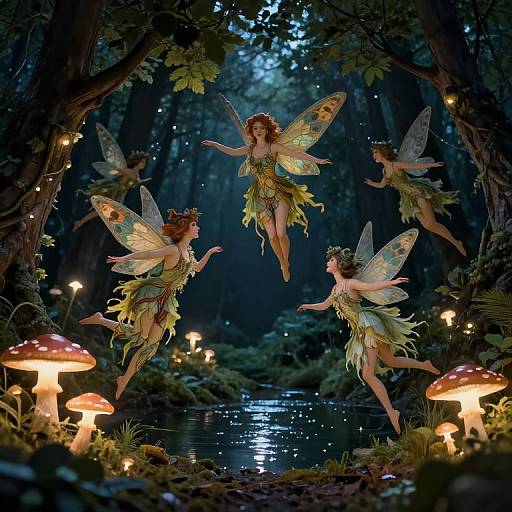 Photograph of five fairy-like women with green leaf dresses and translucent wings, floating amidst a magical forest with glowing mushrooms and a moonlit stream.