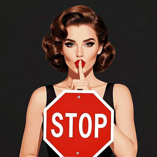 Digital illustration of a 1950s-style woman with short brown hair, red lipstick, and a black sleeveless dress, holding a red stop sign