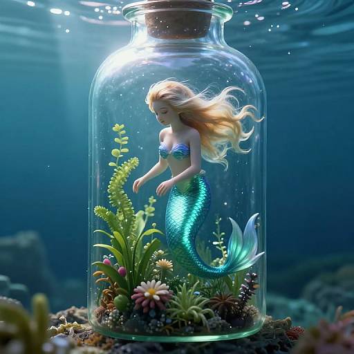 Photorealistic CGI of a blonde mermaid with a shimmering blue tail, enclosed in a glass jar, surrounded by vibrant sea plants and coral,