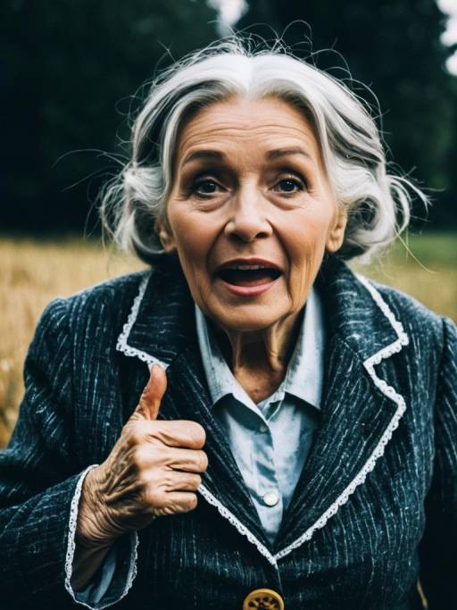 Elderly Woman in Vintage Coat Giving Thumbs Up
