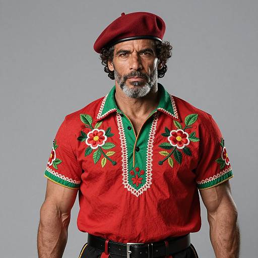 Man in Red Beret and Embroidered Shirt