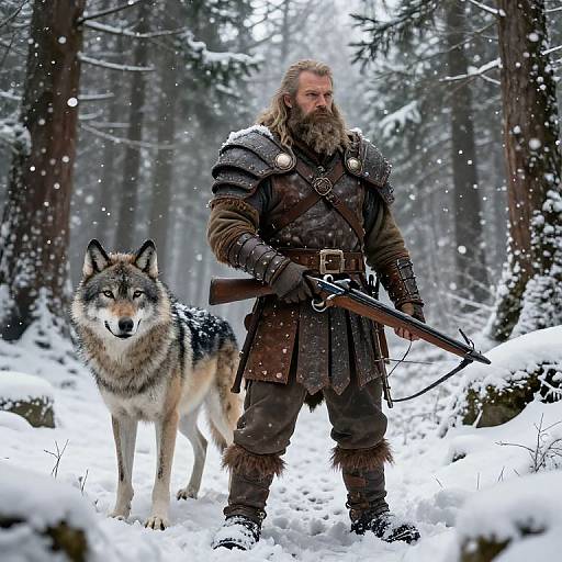 Photograph of a bearded Viking warrior in medieval armor, standing in a snowy forest with a large wolf by his side, holding a rifle. Snow