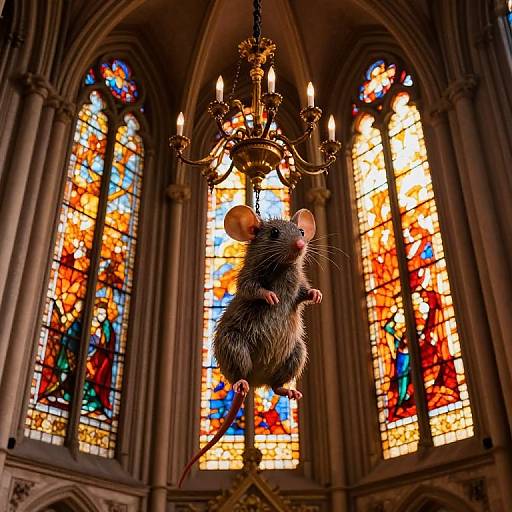 Photograph of a realistic, detailed gray rat hanging from a golden chandelier in a grand, Gothic-style church with vibrant, colorful stained glass windows.