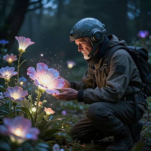 Elderly Man with Futuristic Helmet in Glowing Fantasy Garden