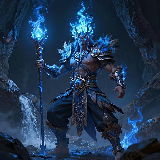 Fantasy Tribal Warrior with Blue Flames