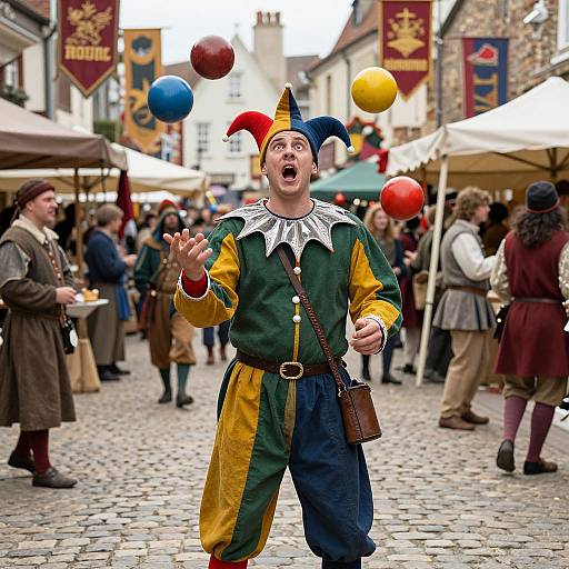 Photograph of a jester with colorful jester outfit, juggling red, blue, and yellow balls in a medieval market street.