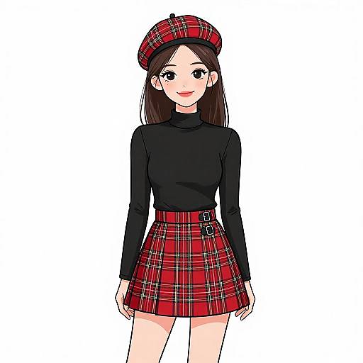 Smiling Woman in Preppy Tartan Outfit