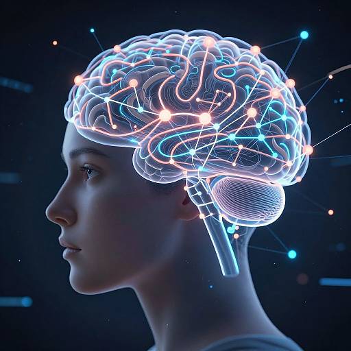 Digital CGI of a woman's side profile with a glowing, neon-blue, interconnected brain overlay, set against a dark, starry background.