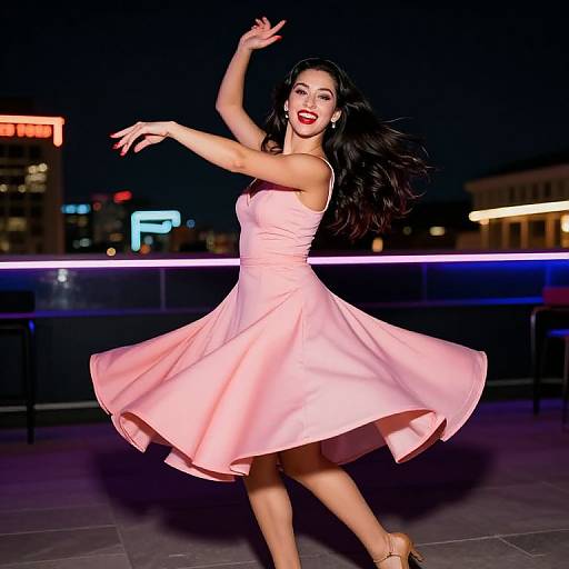 Photograph of a smiling Asian woman with long black hair, wearing a pink, sleeveless, flared dress, dancing at night on a rooftop with