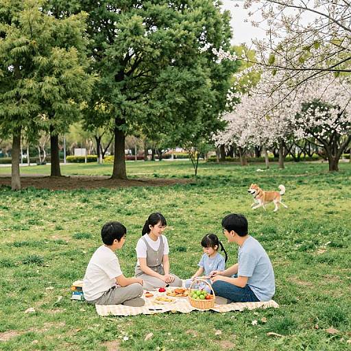 Photograph of four Asian adults, two men and two women, sitting on a blanket in a lush park, eating, with a dog in the background