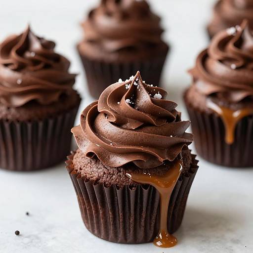 Photograph of chocolate cupcakes with swirled dark brown frosting, some with caramel drizzle, white background, close-up, four cupcakes.