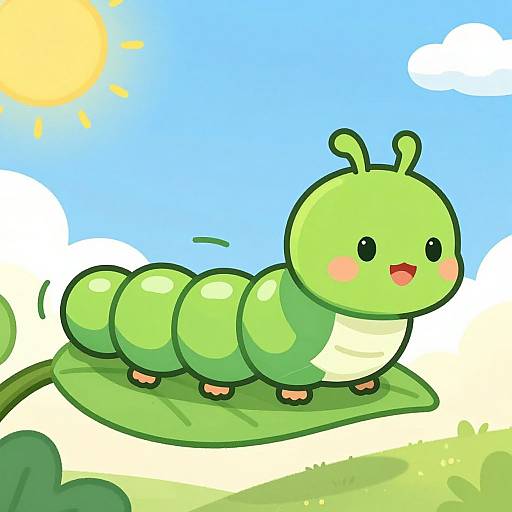 Cute digital illustration of a green, round-bodied, segmented caterpillar with antennae, blushing cheeks, and a joyful expression, under a bright