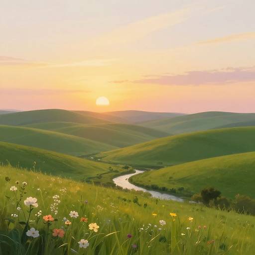 Photograph of a serene sunset over rolling green hills, with a winding river in the valley, surrounded by colorful wildflowers in the foreground.