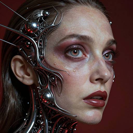 Cybernetic portrait of a pale-skinned woman with blue eyes, metallic wires, and red lipstick integrated into her face and hair. Dark red