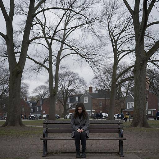 Photograph of a woman with long brown hair, wearing a dark coat, sitting alone on a bench in a leafless park, with bare trees and