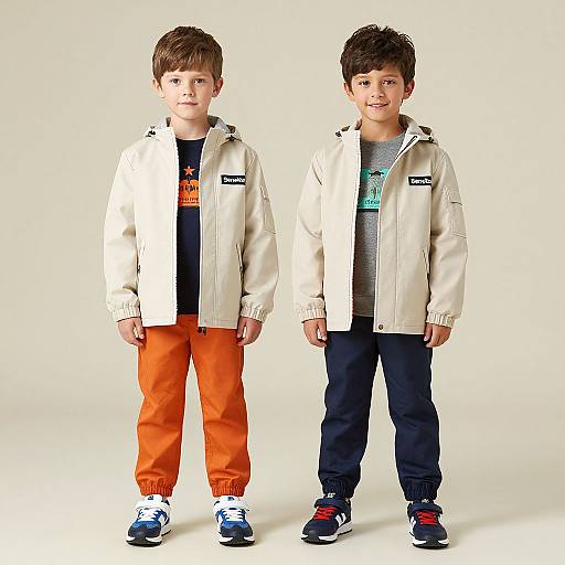 Photograph of two young boys standing side-by-side, both wearing beige jackets, orange and navy pants, and sneakers, against a plain white background.