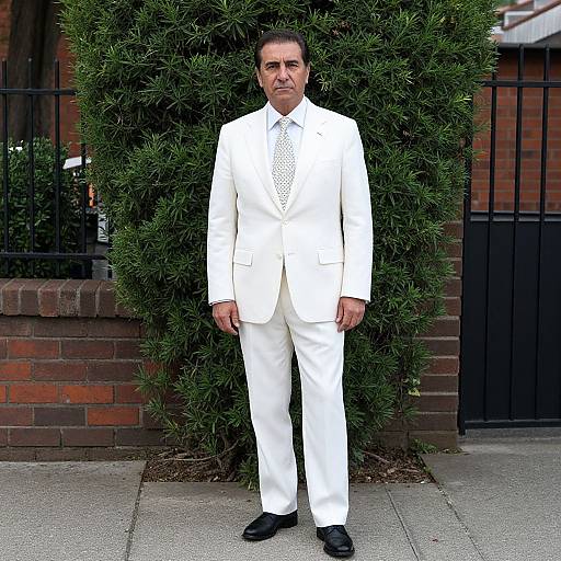 Man in White Suit Standing by Green Bush
