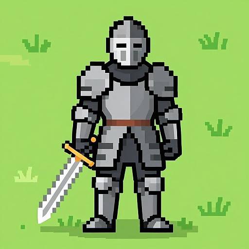 Pixel art of a silver-armored knight with a white helmet, holding a large white sword with an orange hilt, standing on green grass.