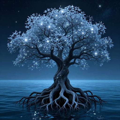 Digital artwork of a glowing blue tree with intricate roots emerging from a calm ocean, illuminated by countless sparkling stars.